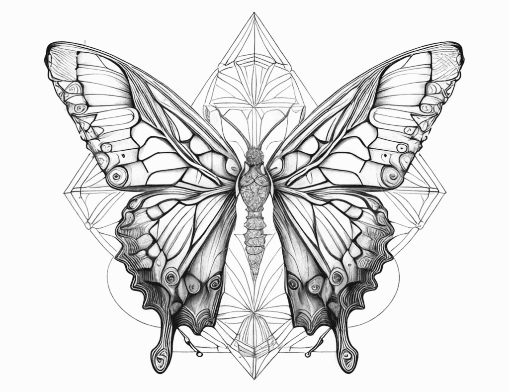 Розмальовка метелика з розправленими крилами на фігурі з трикутників і кіл